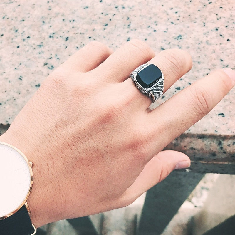 Men’s Adjustable Black Onyx Ring – Silver Tone