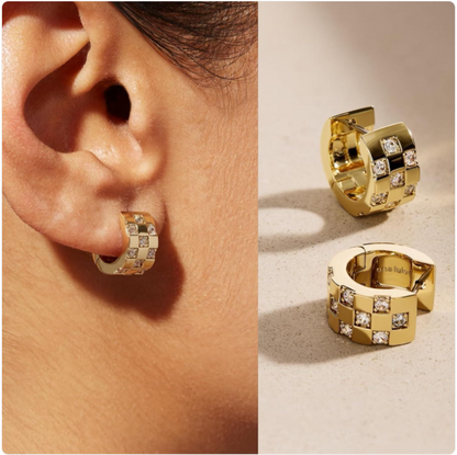 Checkered CZ Stud Earrings – 14K Gold Plated