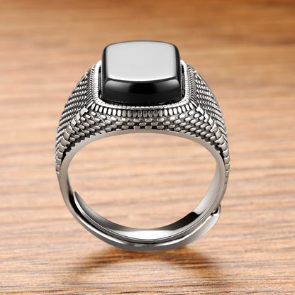 Men’s Adjustable Black Onyx Ring – Silver Tone