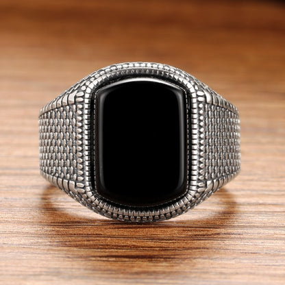 Men’s Adjustable Black Onyx Ring – Silver Tone