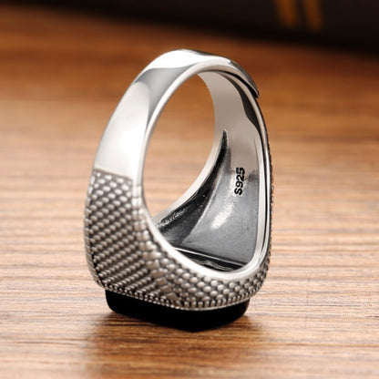 Men’s Adjustable Black Onyx Ring – Silver Tone
