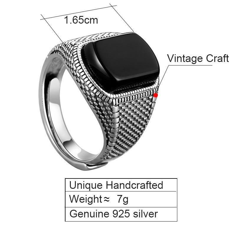 Men’s Adjustable Black Onyx Ring – Silver Tone