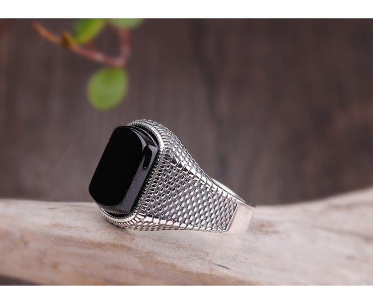 Men’s Adjustable Black Onyx Ring – Silver Tone