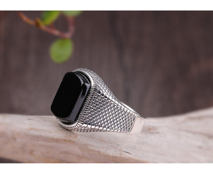 Men’s Adjustable Black Onyx Ring – Silver Tone