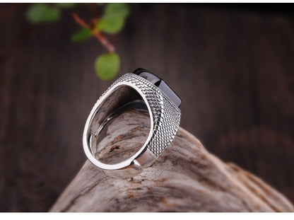 Men’s Adjustable Black Onyx Ring – Silver Tone